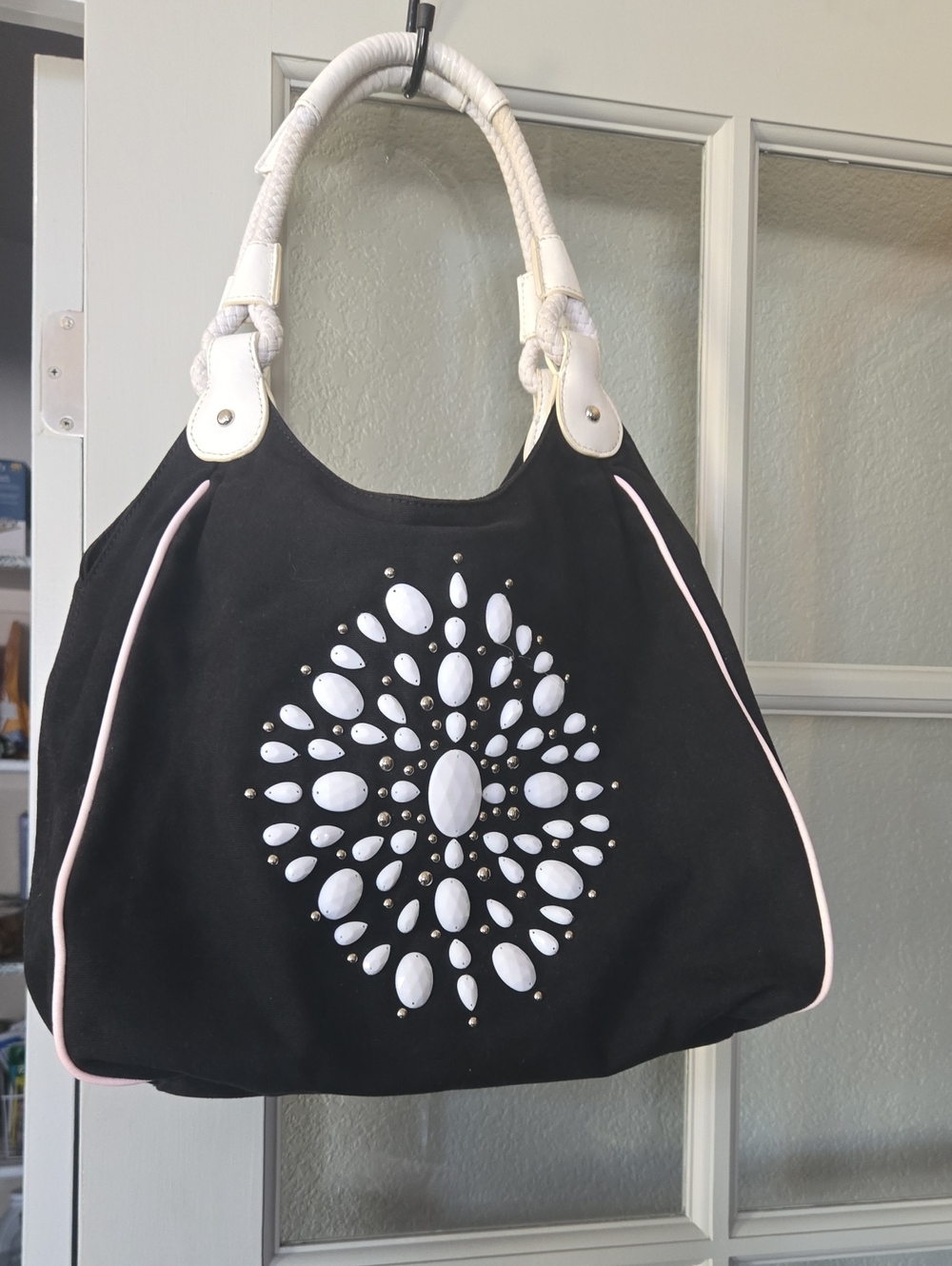 White House Black Market Black Tote with White Embellished Medallion